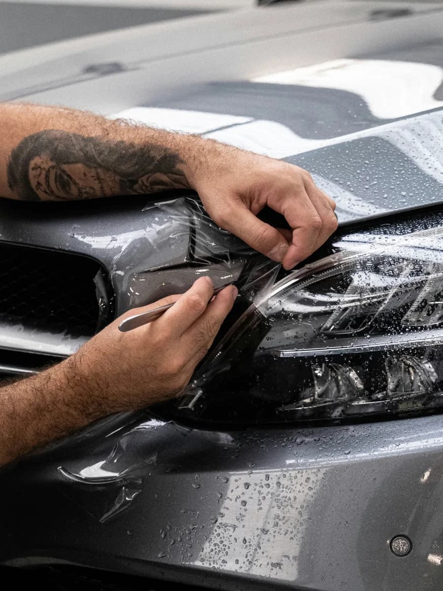 Hands laying clear protection film over a car headlight