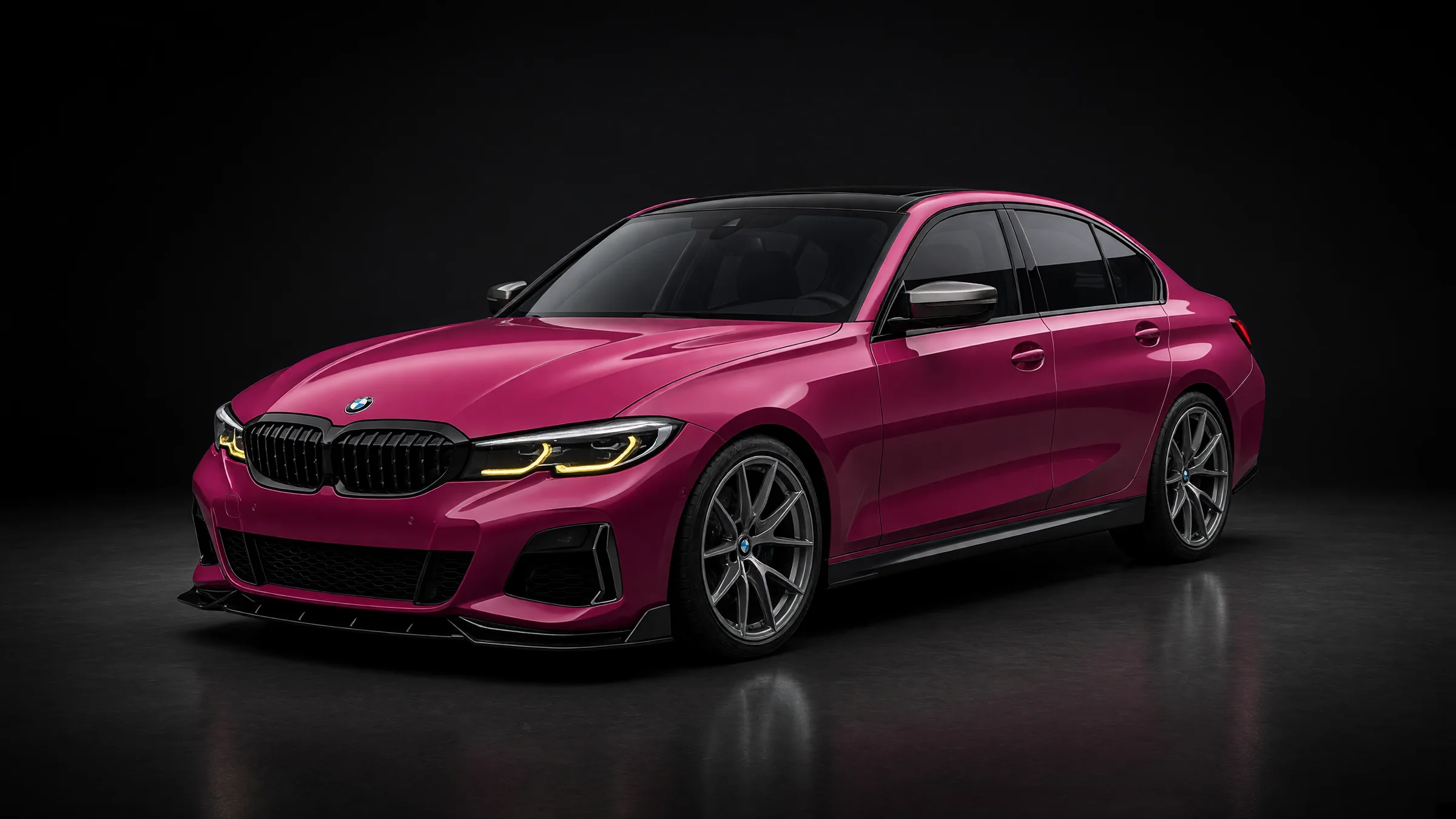 Studio render of a blue BMW M3 Touring, front three-quarter, in a dark studio
